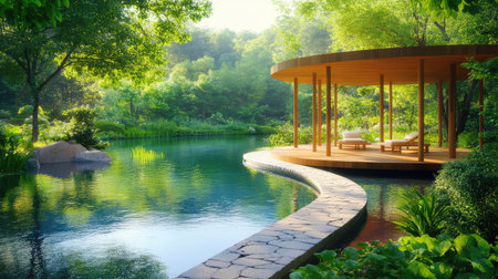 Contemporary wooden pavilion nestled by a pond with a curved stone path, surrounded by fresh green foliageの素材