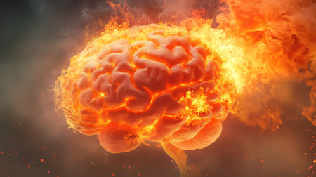 A human brain engulfed in bright flames, with swirling smoke risingの素材