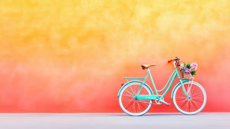 Colorful hipster bike parked in front of bold orange wall, symbol of freedom, romance, and summer travel, copy spaceの素材