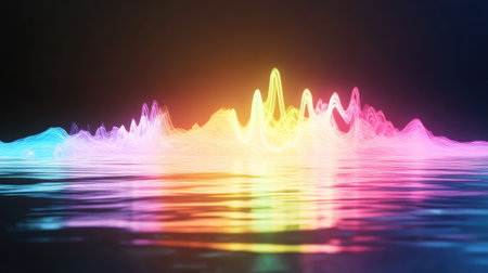 Animated neon lights simulate energy transmission in wave-like forms, set against a deep black nightの素材