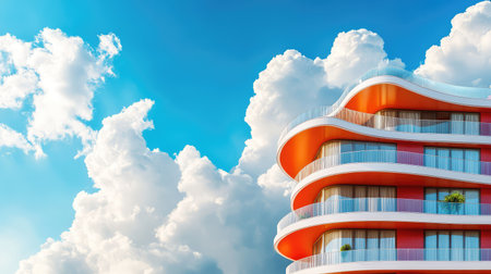 Abstract building exterior featuring bold orange and flowing white forms, standing out against the skyの素材