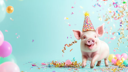 Comical pig in party mode with streamers and a cone hat, Happy New Year 2026 message on a vibrant aquamarine backdropの素材