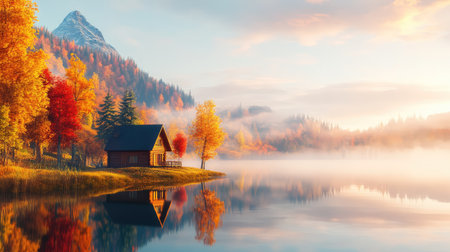Lakeside cabin surrounded by fog and fall foliage, with a calm reflection of the autumn forest in the waterの素材