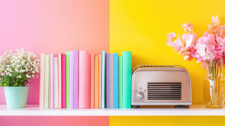 Bold visual contrast of a chrome toaster tucked among color-coded books on a sleek bookshelfの素材
