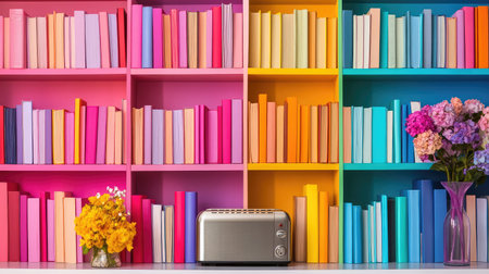 Vibrant bookshelf with color-coded spines, interrupted by a quirky stainless toaster sitting neatly among the volumesの素材