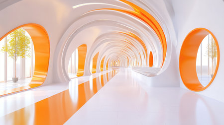 Flowing architectural lines in white with orange panels accenting the curves, creating a striking visual contrastの素材