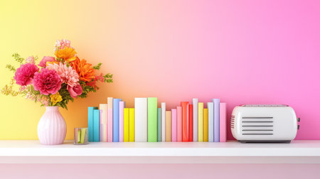 Stylish shelf display with colorful books in perfect order and a quirky toaster adding an artistic twistの素材
