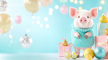 Cute pig cartoon dressed for a Silvester party, standing on a clear aquamarine background with festive new year wishesの素材