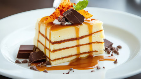 Freshly made pancakes layered with buttery richness, topped with flowing caramel and chunks of chocolateの素材