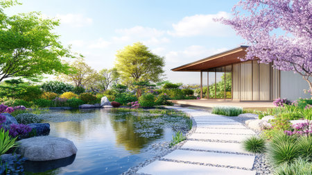 Serene garden scene featuring a minimalist wooden pavilion by a pond, connected by a neat stone pathwayの素材