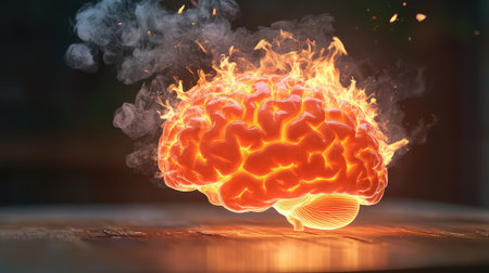 Vivid fire blazing over a brain model, realistic smoke curling upward as a metaphor for mental exhaustionの素材