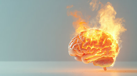 Vivid fire blazing over a brain model, realistic smoke curling upward as a metaphor for mental exhaustionの素材