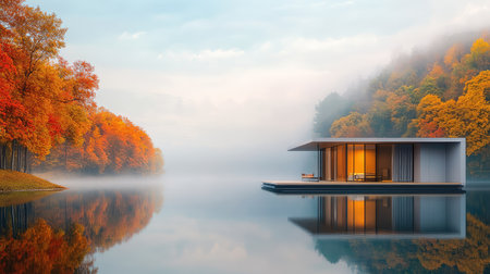 Lakeside cabin surrounded by fog and fall foliage, with a calm reflection of the autumn forest in the waterの素材