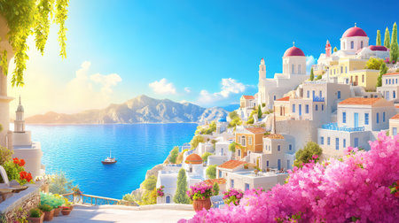 Aegean Sea sparkling under sun with traditional Greek village in foreground, travel destination sceneの素材