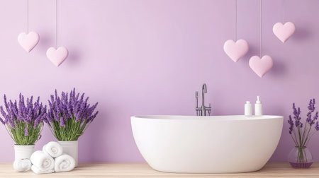 Dise romntico de corazones hechos de sales de ba en lavanda sobre fondo rstico y eleganteの素材