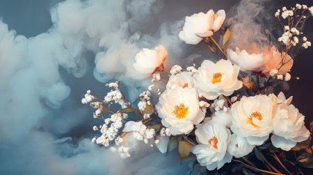 Contrasting tones of white petals and gray smoke in a hauntingly beautiful dark floral compositionの素材