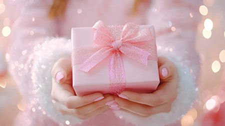 Close-up of pink gift box in female hands, soft holiday tones for discount and festive advertisingの素材
