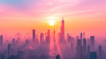 Downtown city covered in thick haze, air pollution alert concept, health and environmental concernsの素材