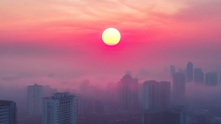 Grey urban landscape with smoggy skies and faint sun, harmful emissions concept with copy spaceの素材
