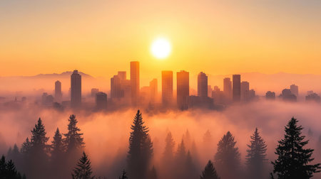 Downtown city covered in thick haze, air pollution alert concept, health and environmental concernsの素材