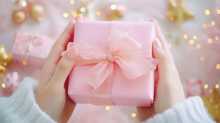 Close-up of pink gift box in female hands, soft holiday tones for discount and festive advertisingの素材