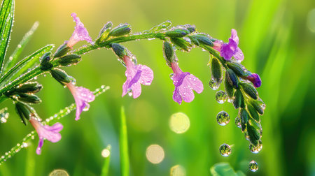 Serene Lavandula field glimmering under droplets, reflecting the quiet magic of love first bloomの素材