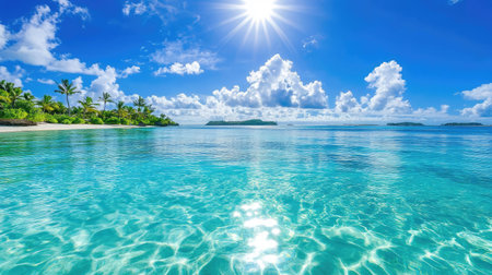 Crystal-clear blue lagoon surrounding Bora Bora island resort, perfect luxury vacation destinationの素材