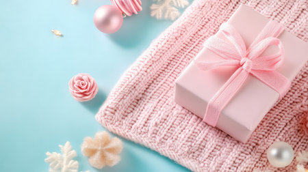 Cute present box in soft pink tones, cozy winter sweater background, ideal for Christmas or seasonal adの素材