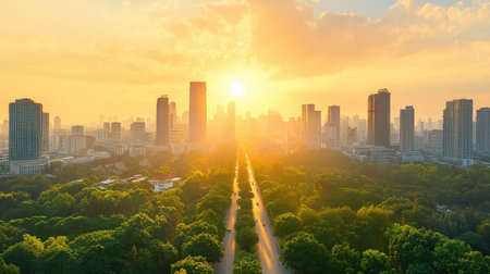 Downtown city covered in thick haze, air pollution alert concept, health and environmental concernsの素材