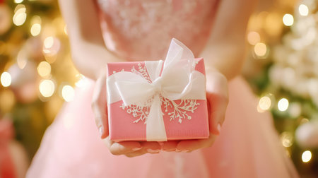 Stylish pink gift held in hands with white ribbon, festive and warm with clean copy spaceの素材
