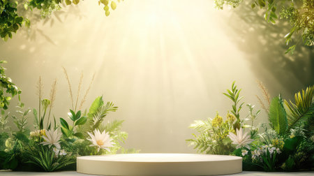 Elegant podium display with greenery, warm lighting and soft natural background for wellness brandingの素材