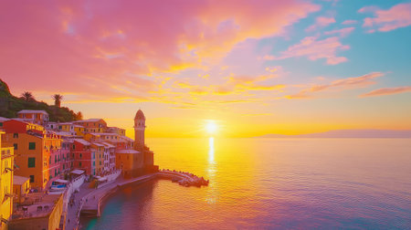Sunset over Vernazza rooftops, glowing sky and calm sea, idyllic Italian holiday momentの素材