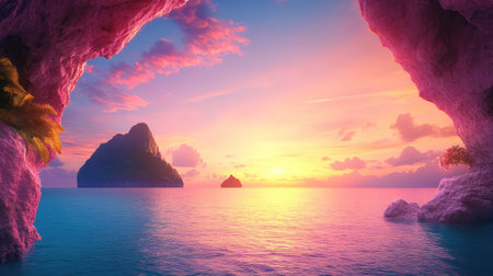 Romantic coastal escape framed by pink cave rocks and glowing sunset over calm oceanの素材