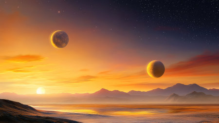 Stylized planetary terrain with moons and electric skies, high-fantasy concept art backgroundの素材