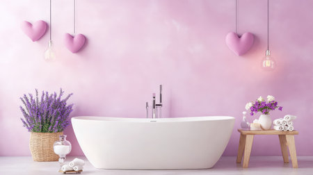 Dise romntico de corazones hechos de sales de ba en lavanda sobre fondo rstico y eleganteの素材