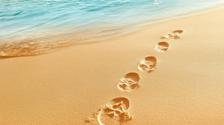 Footprints trailing through Moroccan sand hills, minimal desert scene with strong copy spaceの素材