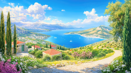 View from hilltop over Greek bay and terraced homes, peaceful summer destination panoramaの素材