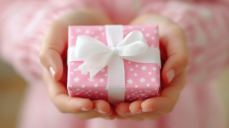 Stylish pink gift held in hands with white ribbon, festive and warm with clean copy spaceの素材