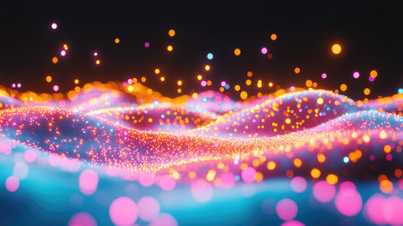 Abstract motion of neon lights in glowing waves, representing futuristic energy on a stark black backgroundの素材