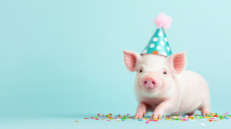 Funny pink pig in a polka-dot party hat celebrating New Year Eve 2026, isolated on bright aquamarine with greeting card textの素材