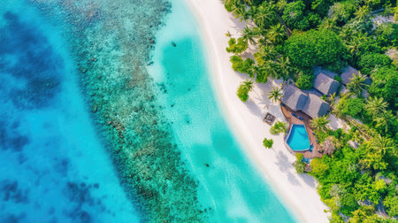 Aerial view of Bora Bora blue-green waters, coral reefs, and sandy beaches, ultimate travel dreamの素材