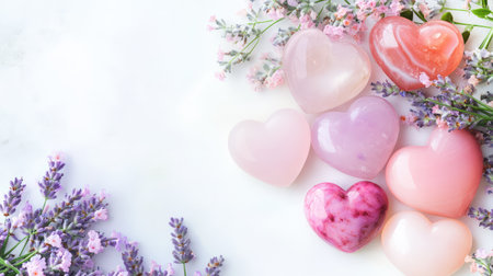 Stylized polished heart stones in agate, rose quartz, and lavender arranged in a serene AI-created layoutの素材