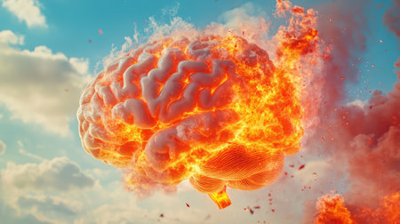 Detailed flame and smoke effects surround a brain, symbolizing cognitive burnout in a visually intense mannerの素材