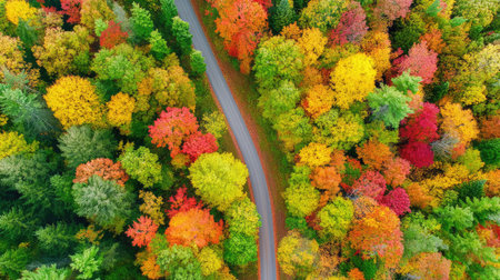Aerial view of fall crossroads, red and yellow leaves forming patterns in forest canopyの素材