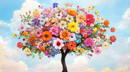 Colorful 3D floral arrangement in tree form, perfect for mural painting, decorative wallpaper or art printの素材