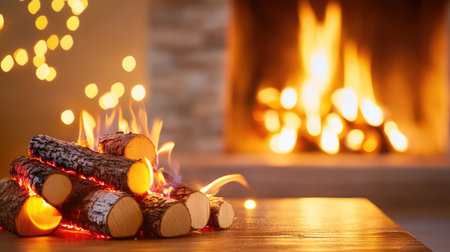Burning logs inside traditional fireplace, soft lighting and cozy ambiance for holiday scenesの素材