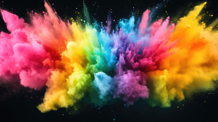 Bright color blast in all directions, artistic powder movement on dark background, high-impact designの素材