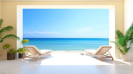 Bright room with minimal beige decor, two lounge chairs overlook ocean horizon, tranquil and stylishの素材