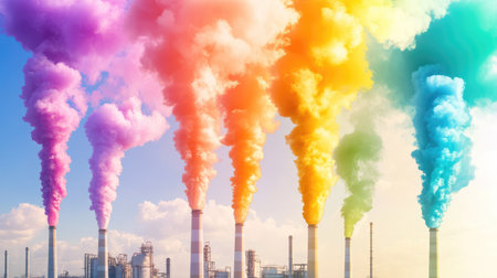 Bold artistic rendering of factory pollution in colored smoke, sunny background enhances contrastの素材