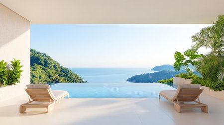 Bright room with minimal beige decor, two lounge chairs overlook ocean horizon, tranquil and stylishの素材